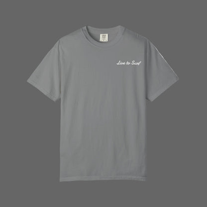 Gray t-shirt with 'Live to Surf' text on a white background