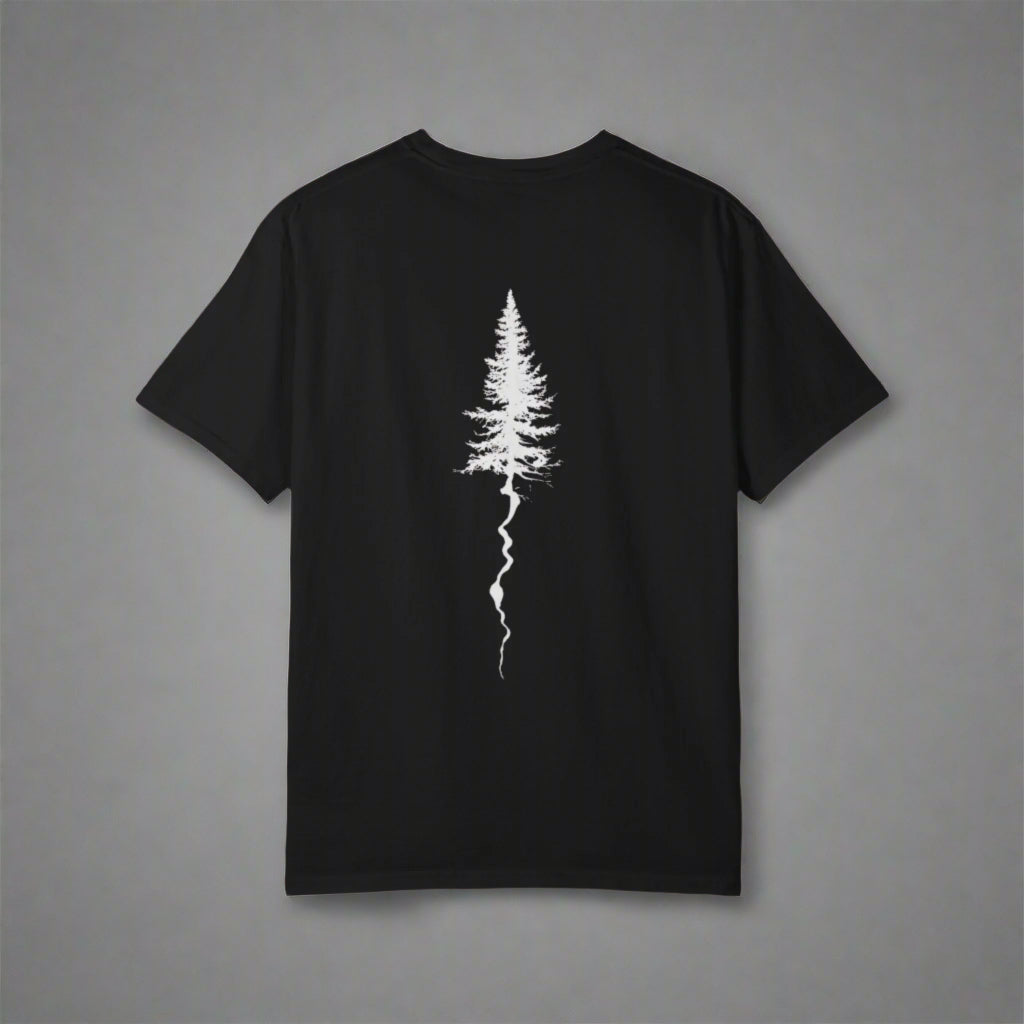 Black t-shirt with a white tree design on the back against a white background
