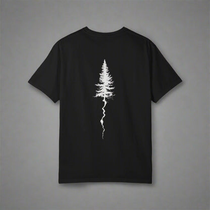Black t-shirt with a white tree design on the back against a white background