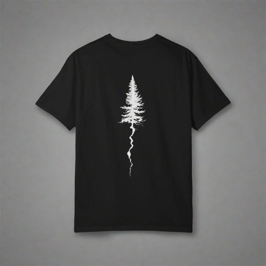 Black t-shirt with a white tree design on the back against a white background