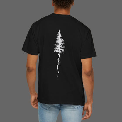 Person wearing a black t-shirt with a white tree design on the back, standing against a white background.