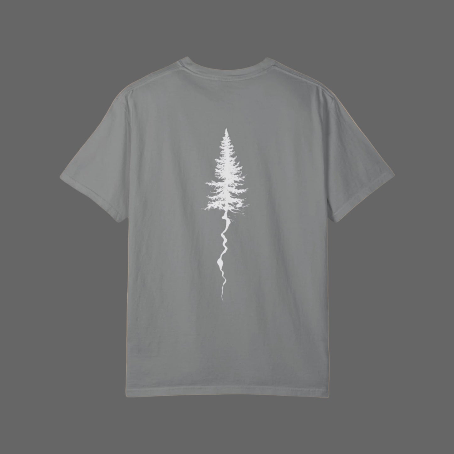 Gray t-shirt with a white tree graphic on the back against a white background