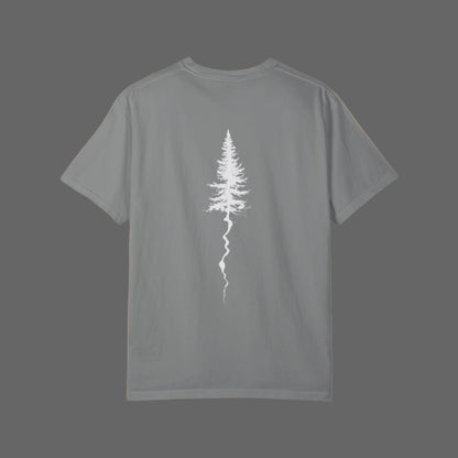 Gray t-shirt with a white tree graphic on the back against a white background