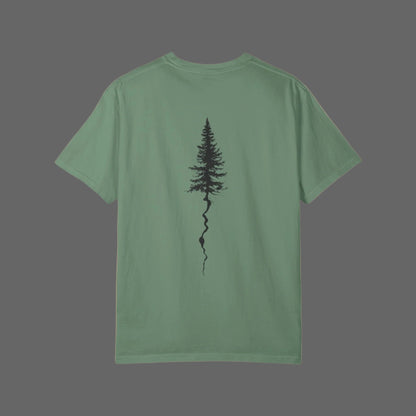 Green t-shirt with a black tree design on the back against a white background