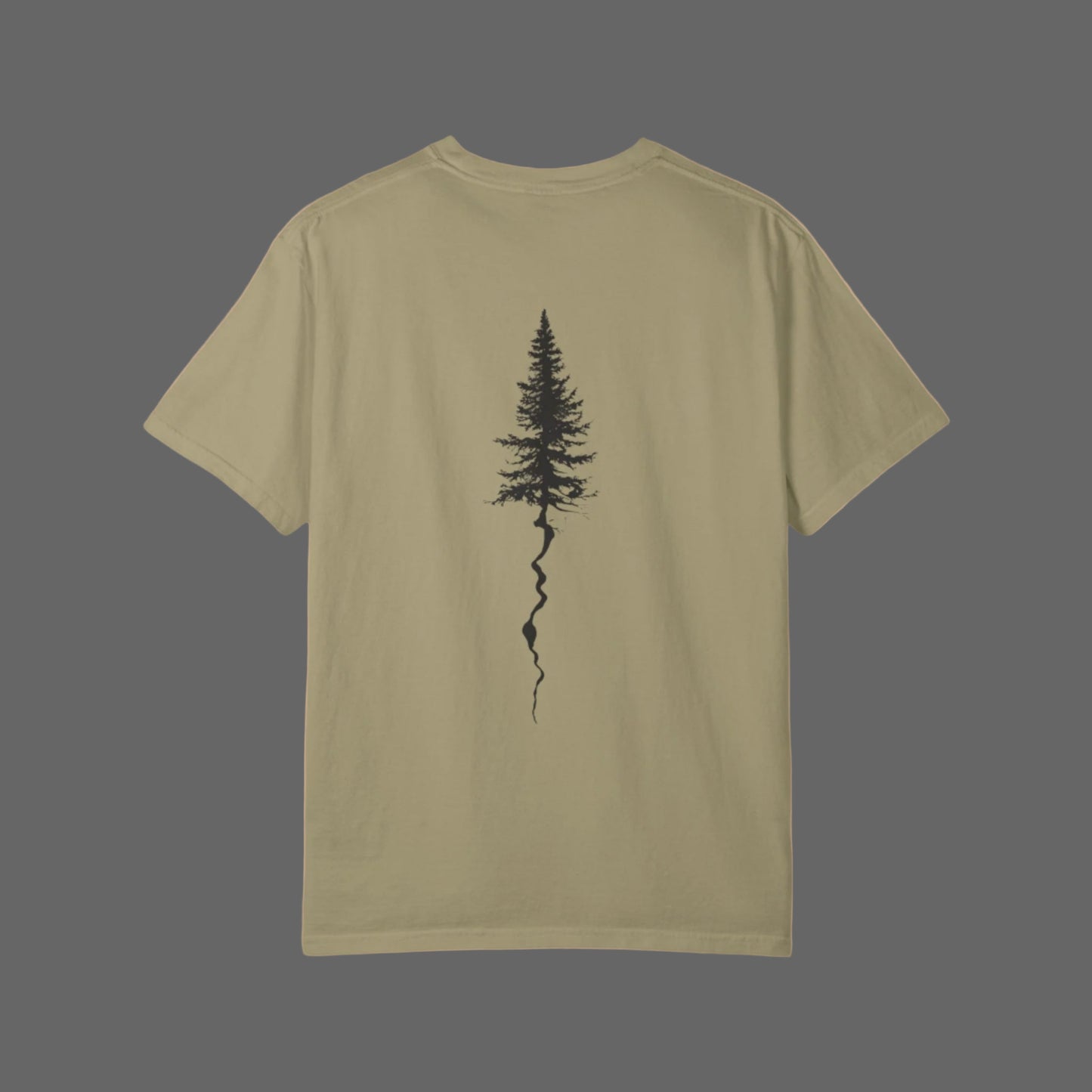 Khaki t-shirt with a black tree design on the back against a white background