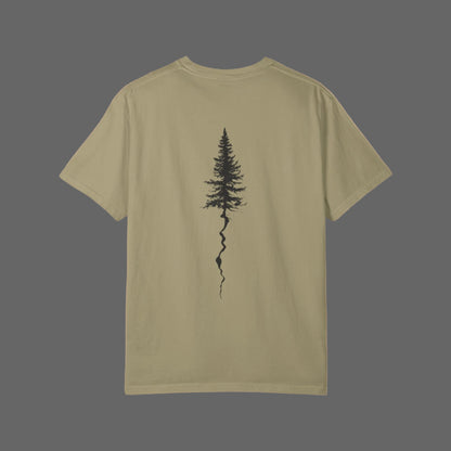 Khaki t-shirt with a black tree design on the back against a white background