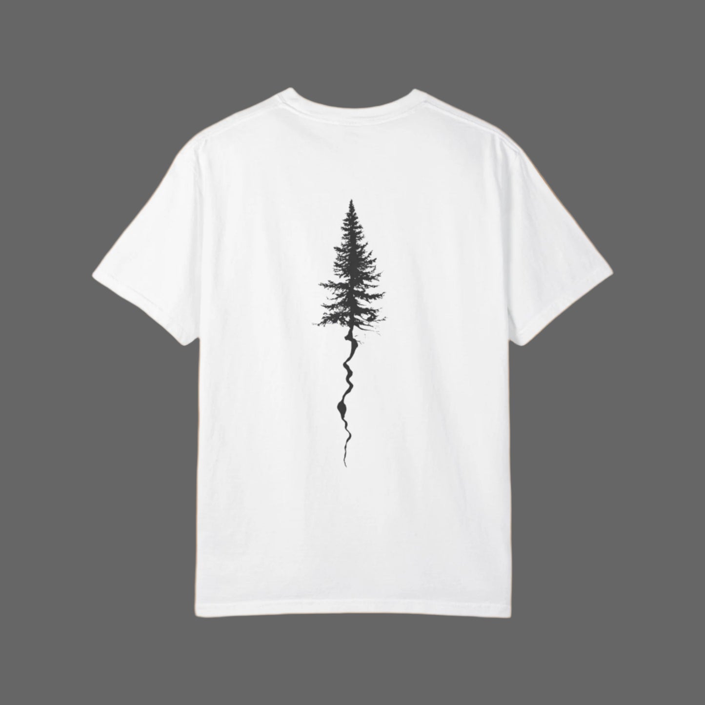 White t-shirt with a black tree design on the back against a white background