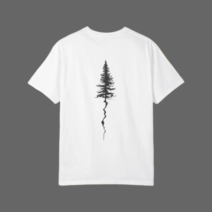 White t-shirt with a black tree design on the back against a white background