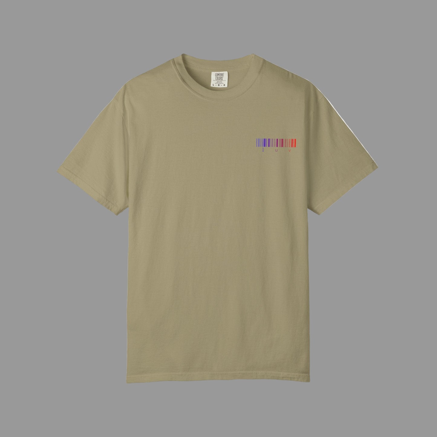 Beige t-shirt with a colorful barcode design on a white background