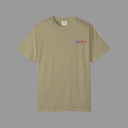 Beige t-shirt with a colorful barcode design on a white background