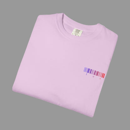 Folded light purple t-shirt with a barcode design on a white background
