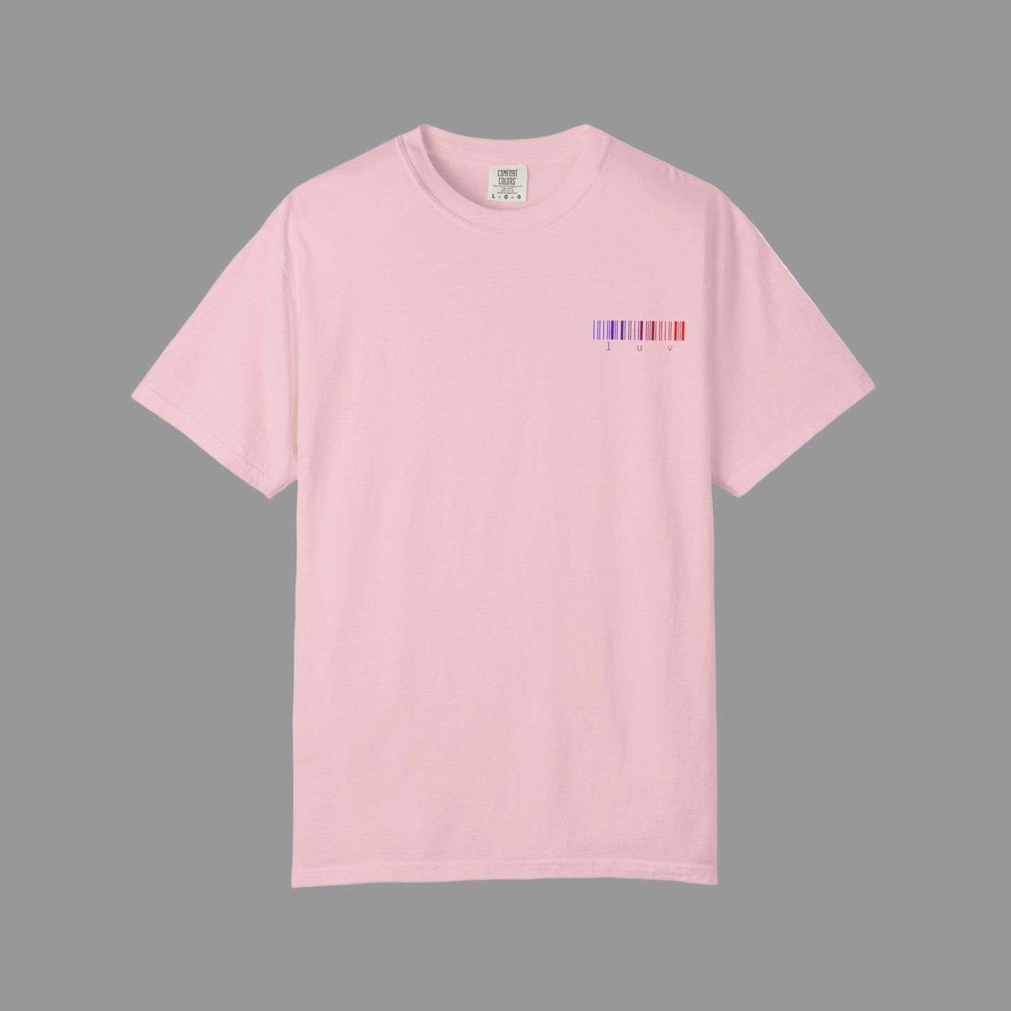 Pink t-shirt with a small logo on the chest against a white background