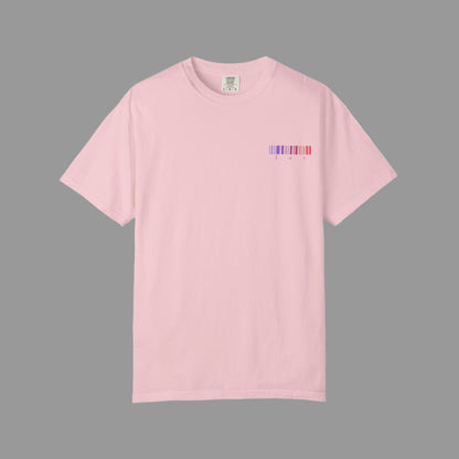 Pink t-shirt with a small logo on the chest against a white background