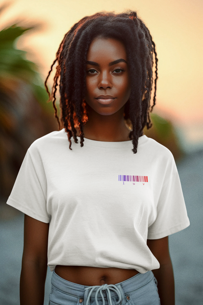 Person wearing a white t-shirt with a barcode design outdoors