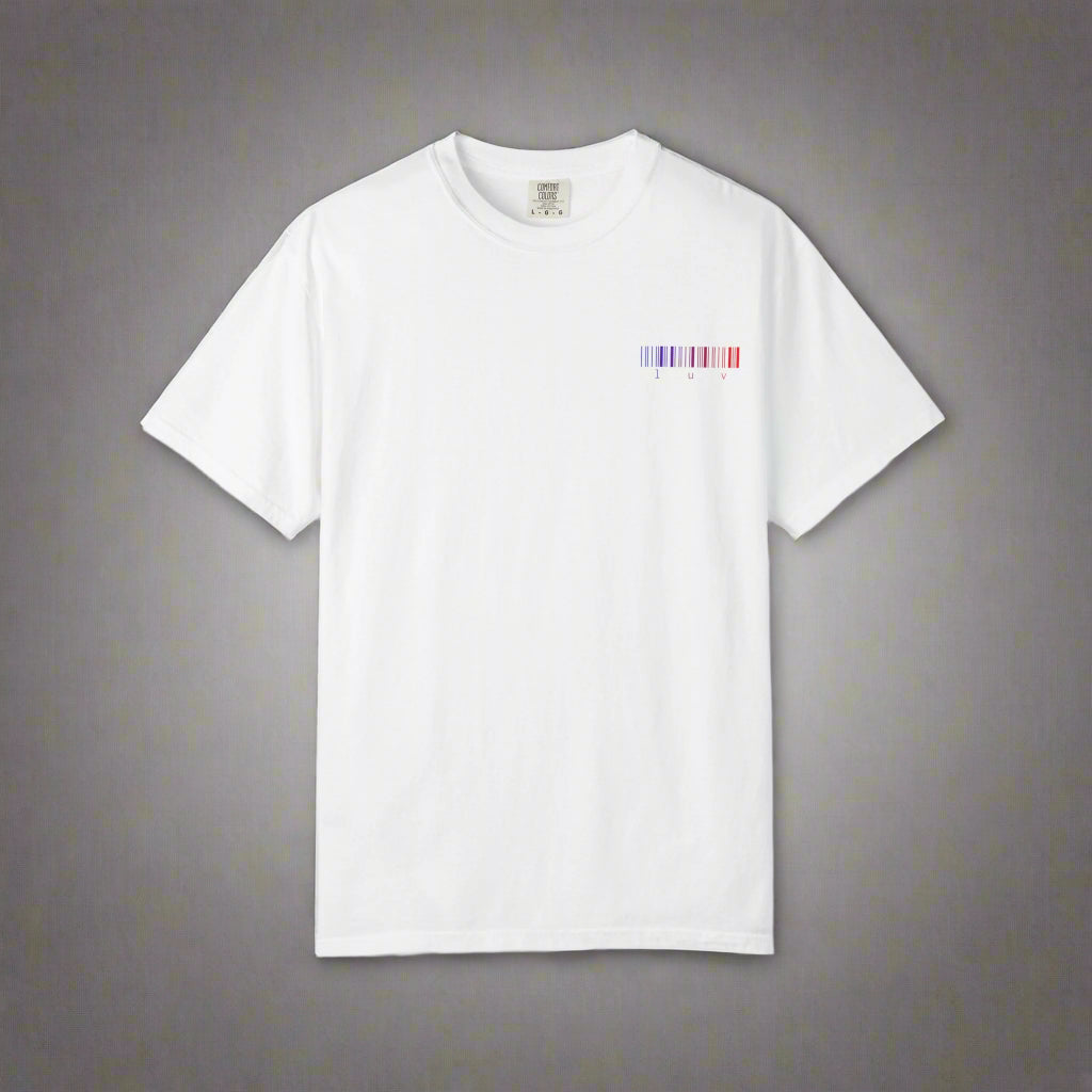 White t-shirt with a colorful barcode design on a white background