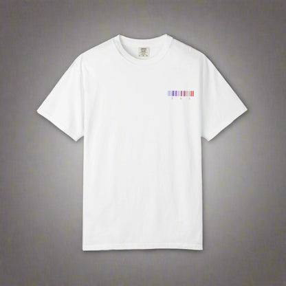White t-shirt with a colorful barcode design on a white background
