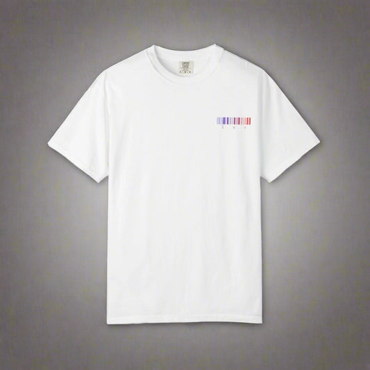 White t-shirt with a colorful barcode design on a white background