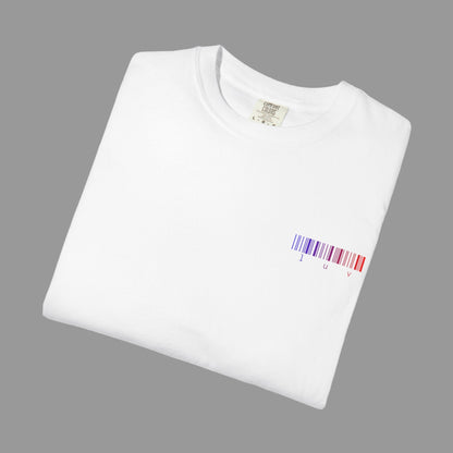 White t-shirt with a colorful barcode design on a white background