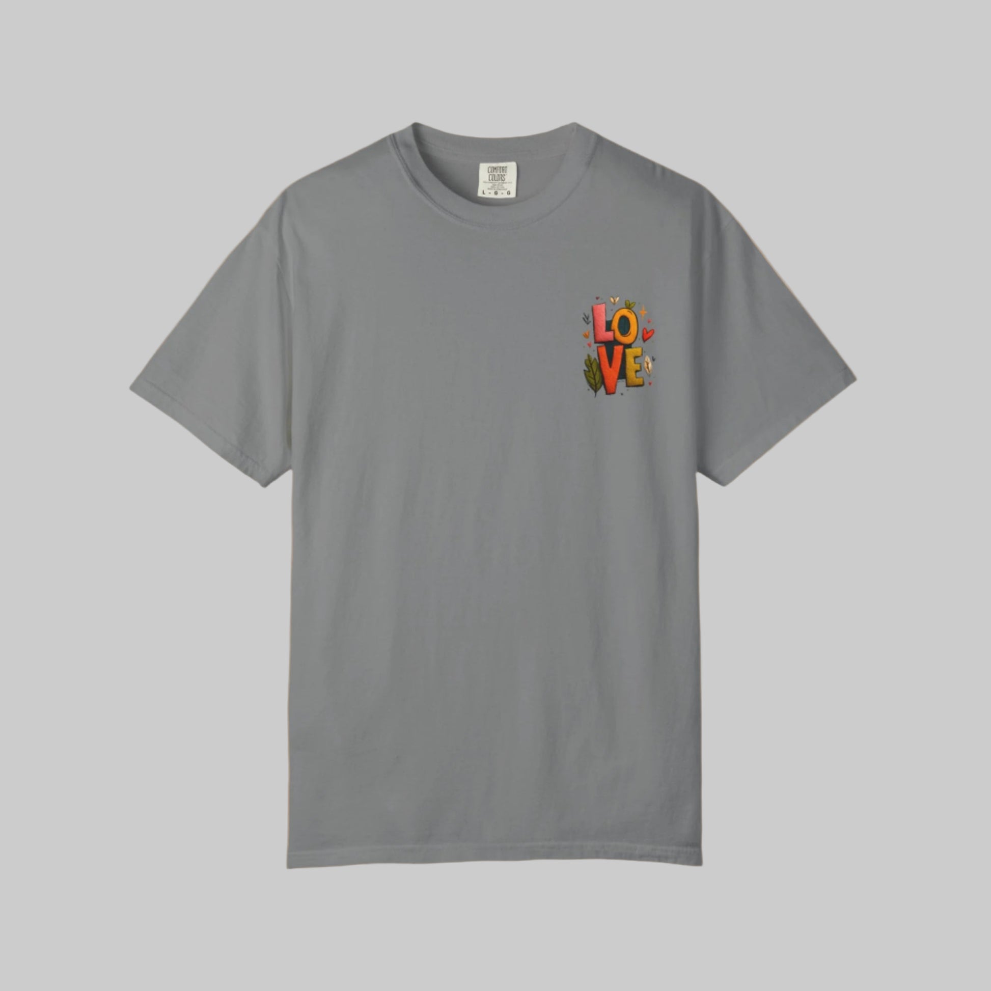 Gray t-shirt with colorful 'LOVE' graphic on a white background