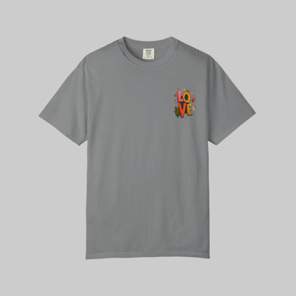 Gray t-shirt with colorful 'LOVE' graphic on a white background