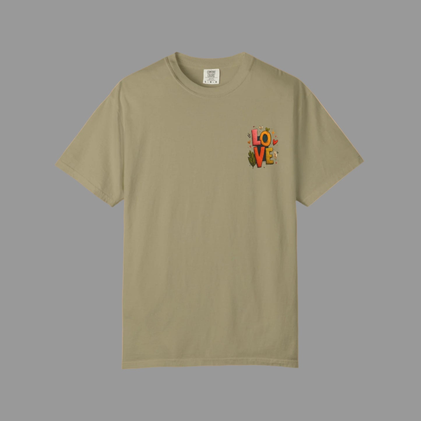 Beige t-shirt with 'LOVE' graphic on a white background