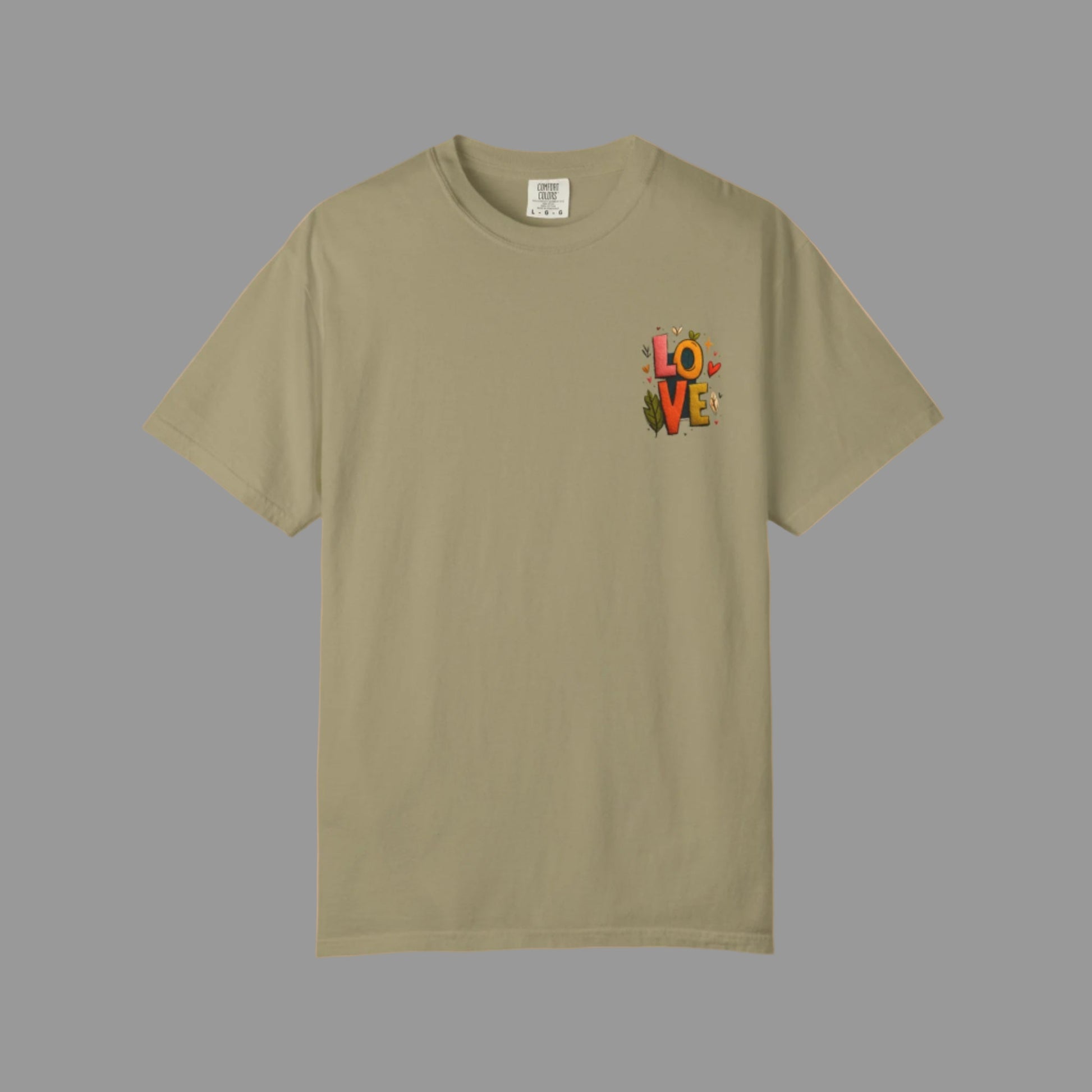 Beige t-shirt with 'LOVE' graphic on a white background