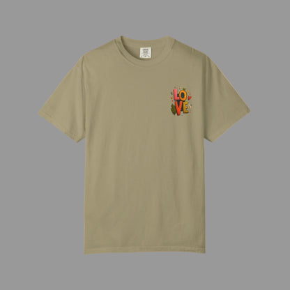 Beige t-shirt with 'LOVE' graphic on a white background