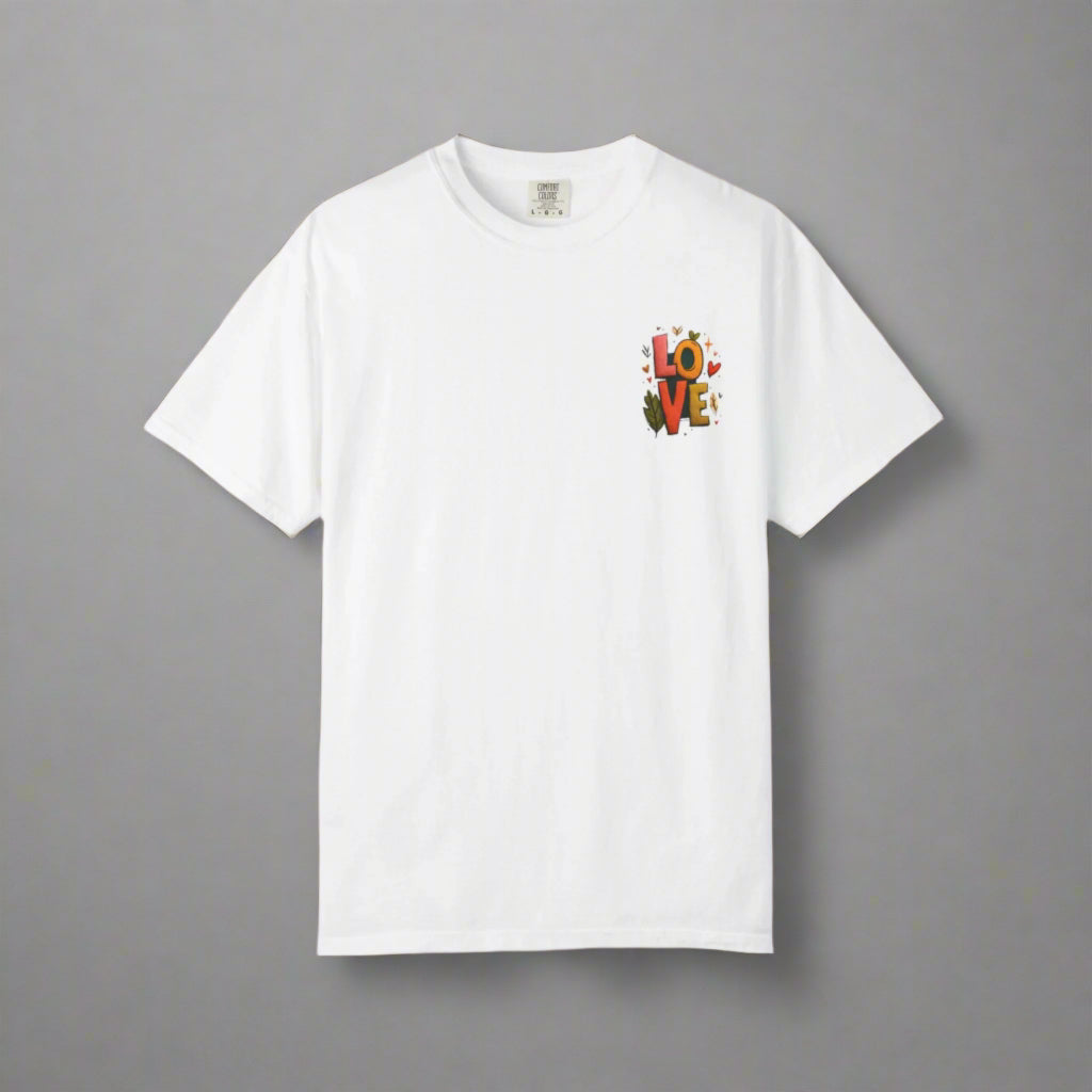 White t-shirt with colorful 'LOVE' design on a white background