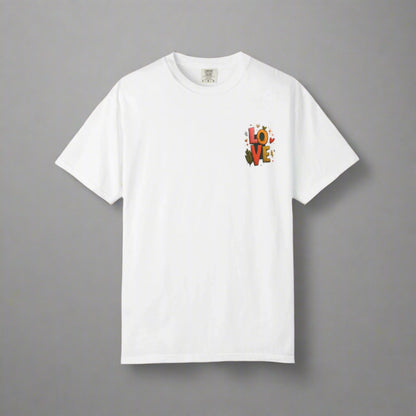 White t-shirt with colorful 'LOVE' design on a white background