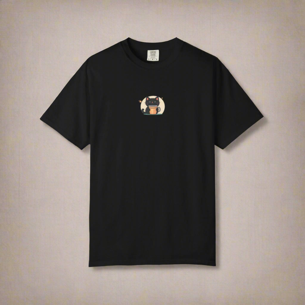 Black t-shirt with a small graphic on the chest against a white background