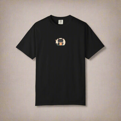 Black t-shirt with a small graphic on the chest against a white background