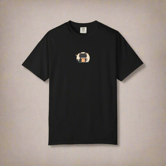 Black t-shirt with a small graphic on the chest against a white background