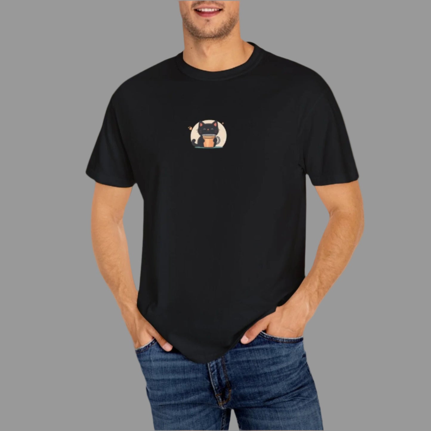 Man wearing a black t-shirt with a graphic design on a white background