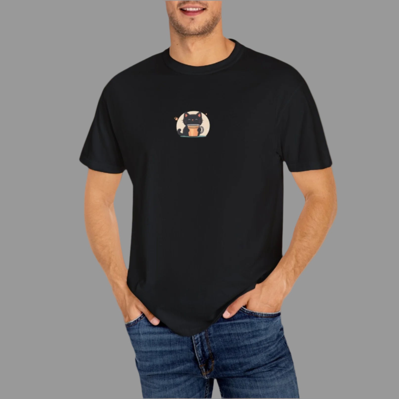 Man wearing a black t-shirt with a graphic design on a white background