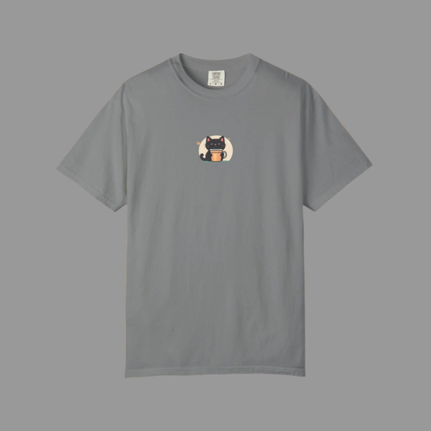 Gray t-shirt with a small graphic on a white background