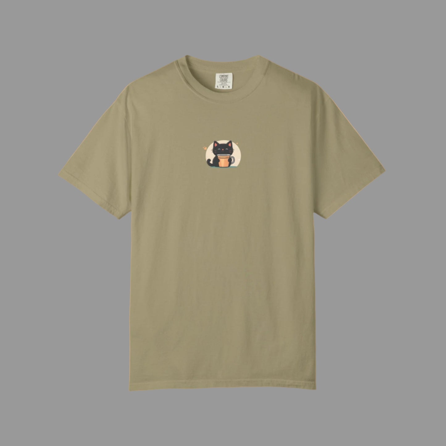 Khaki t-shirt with a small graphic of a cat on a white background