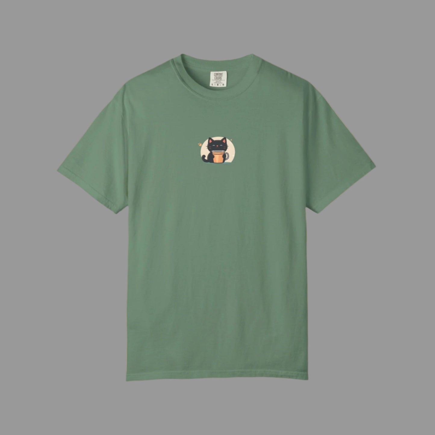 Green t-shirt with a small graphic on a white background