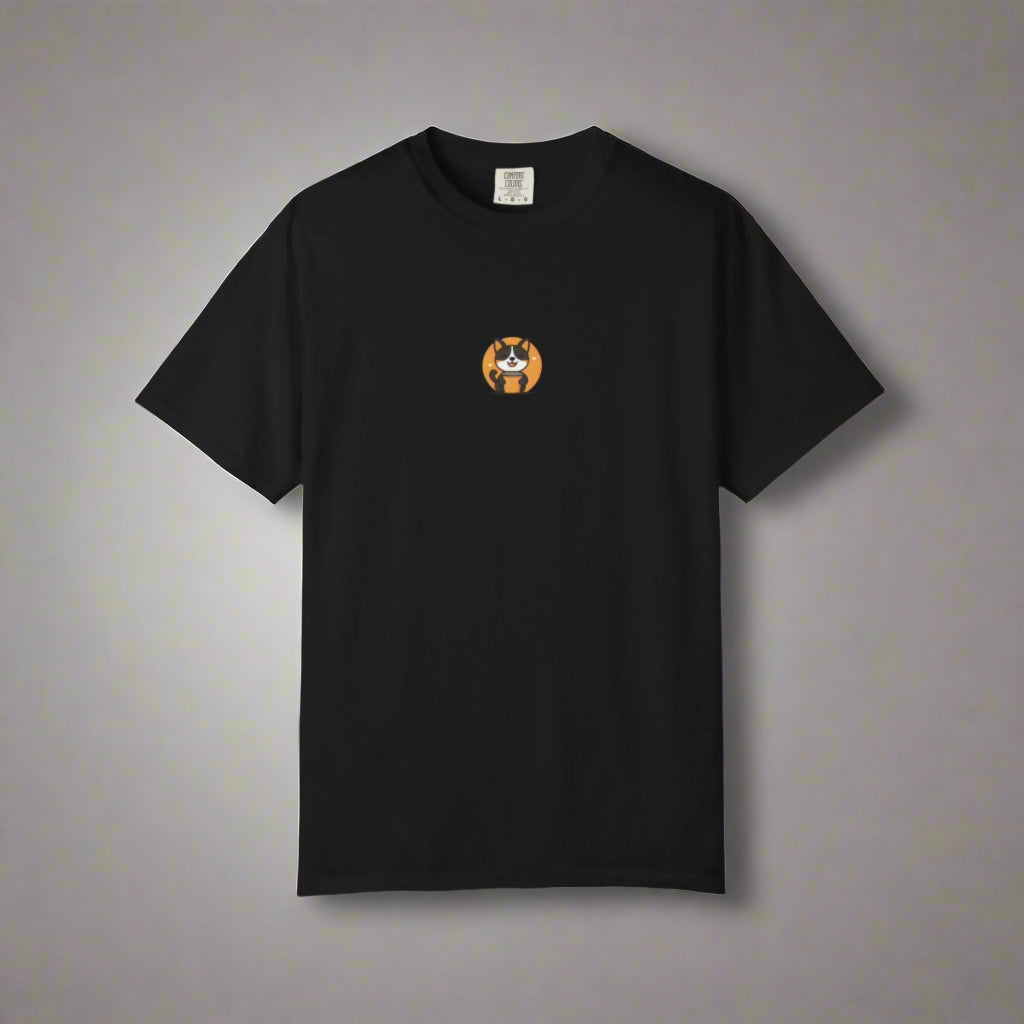 Black t-shirt with a small colorful graphic on the chest against a white background