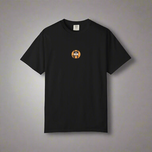 Black t-shirt with a small colorful graphic on the chest against a white background