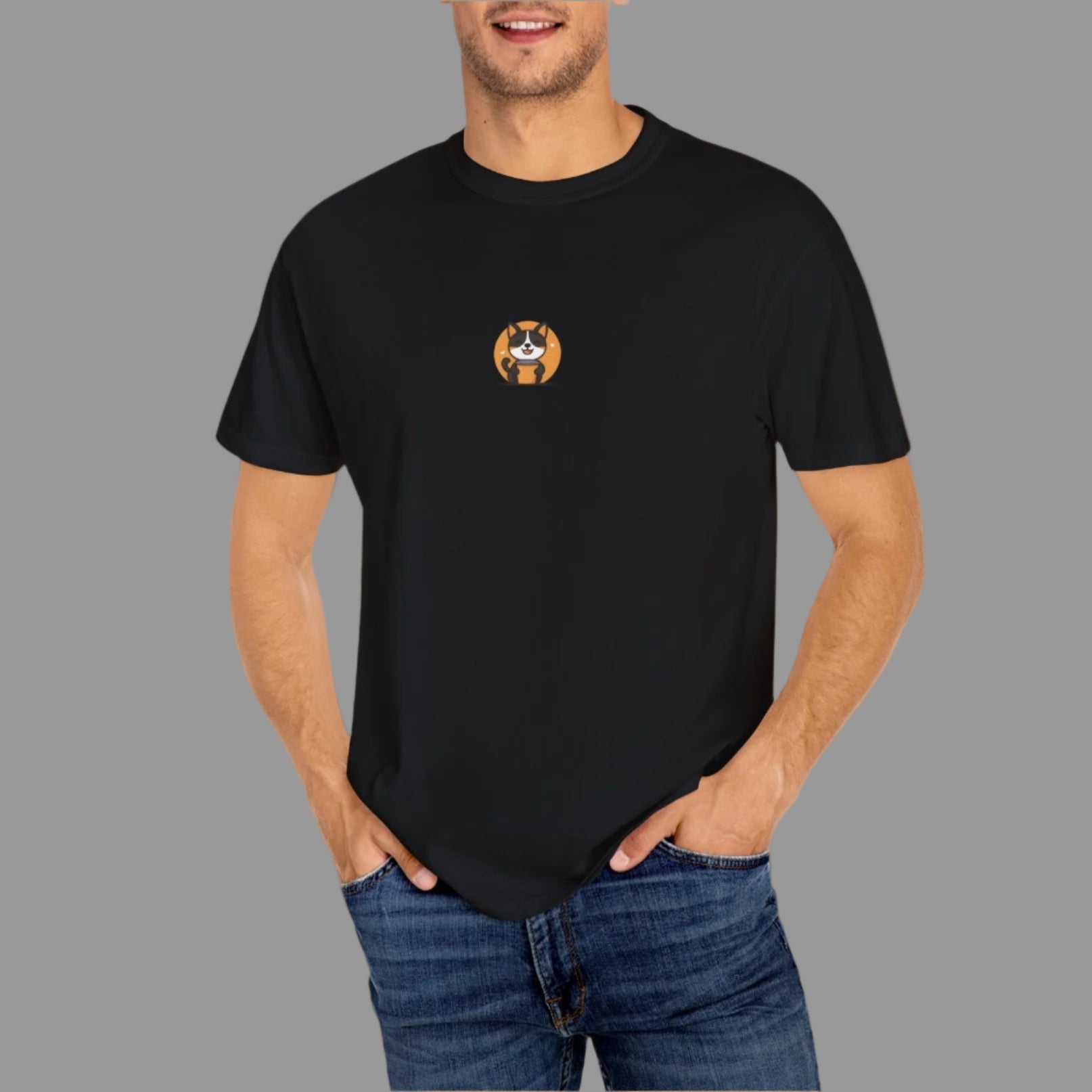 Man wearing a black t-shirt with a logo on a white background