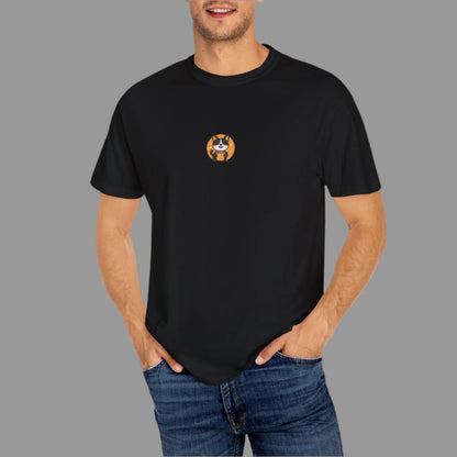 Man wearing a black t-shirt with a logo on a white background