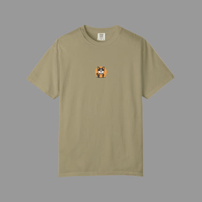 Beige t-shirt with a small dog graphic on a white background