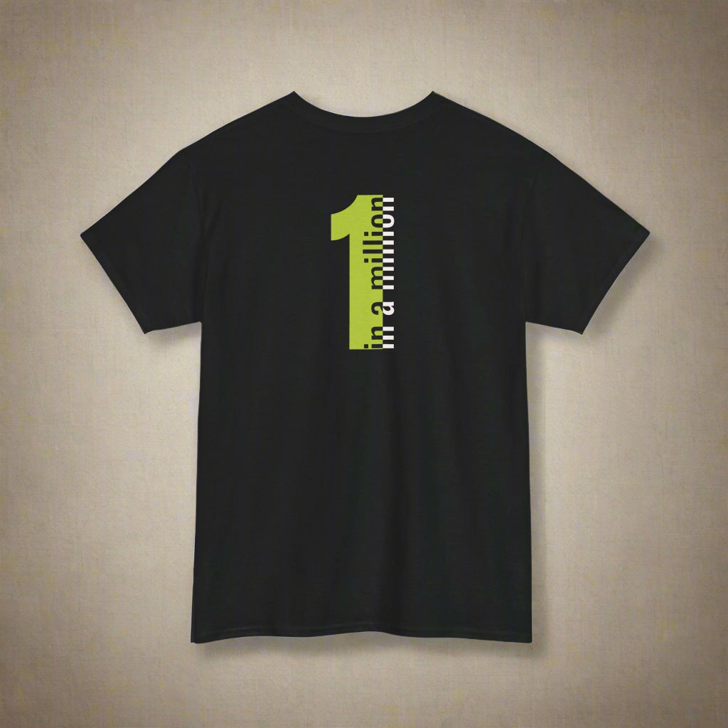 Black t-shirt with a yellow and white graphic on the back against a white background