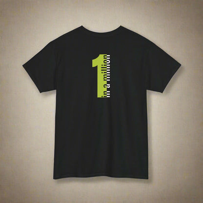 Black t-shirt with a yellow and white graphic on the back against a white background