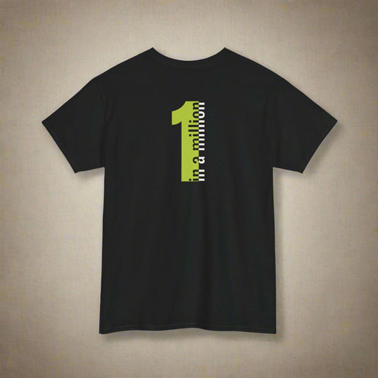 Black t-shirt with a yellow and white graphic on the back against a white background