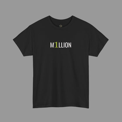 Black t-shirt with 'M1Llion' text on a white background