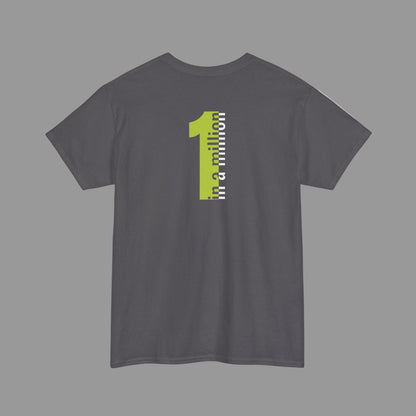 Gray t-shirt with a green and white graphic on the back against a white background