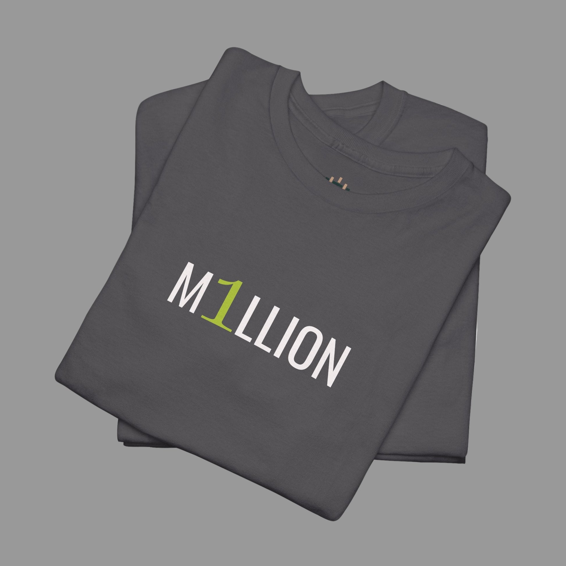 Folded gray t-shirt with 'M1Llion' logo on a white background