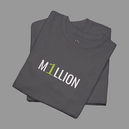 Folded gray t-shirt with 'M1Llion' logo on a white background