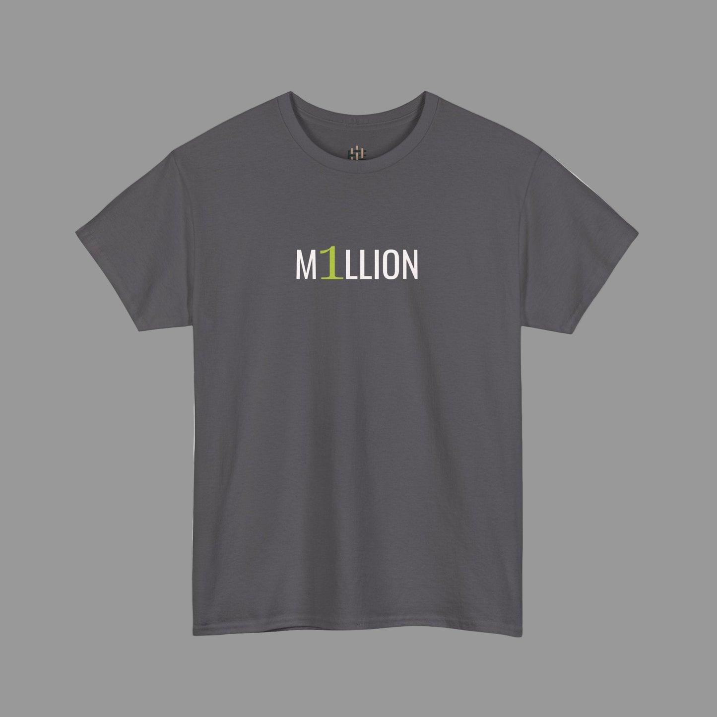 Gray t-shirt with 'M1LLION' text on a white background